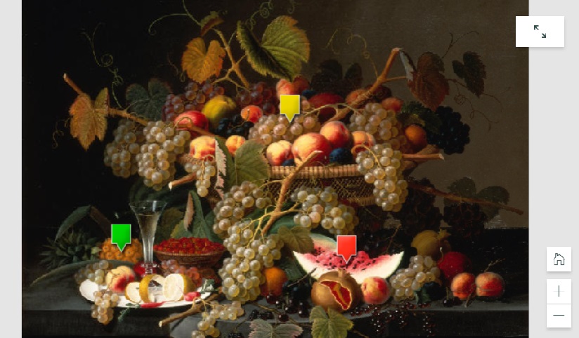 A painting of fruit in and around a large bowl with a dark background