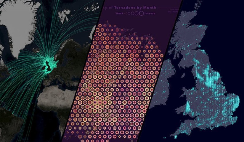 A collage of three animated map patterns displayed side by side