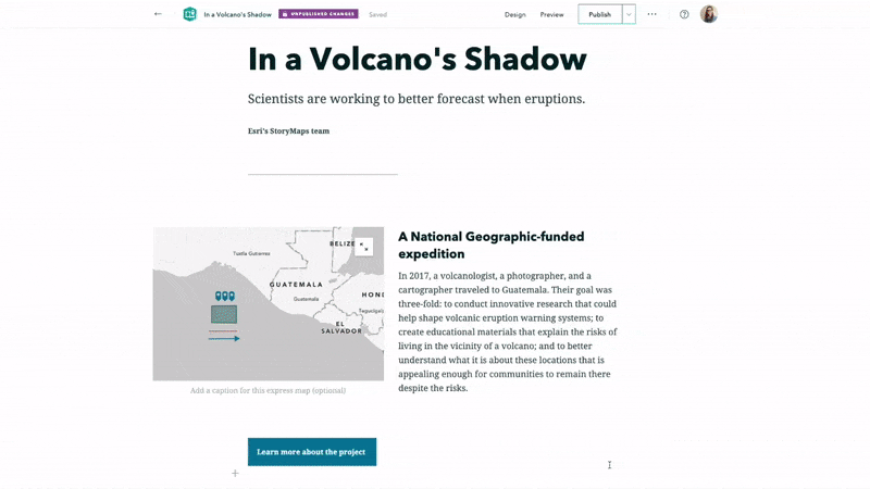 A user opening the design panel in ArcGIS StoryMaps and experimenting with themes for the "In a Volcano's Shadow" story, then applying the "Slate" theme 