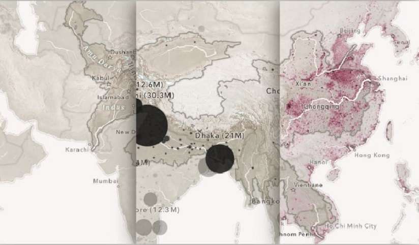 Three side-by-side map images with a gradient tan map on the left, a gradient tan and black dot density map in the middle, and a gradient tan and maroon dot density map on the right