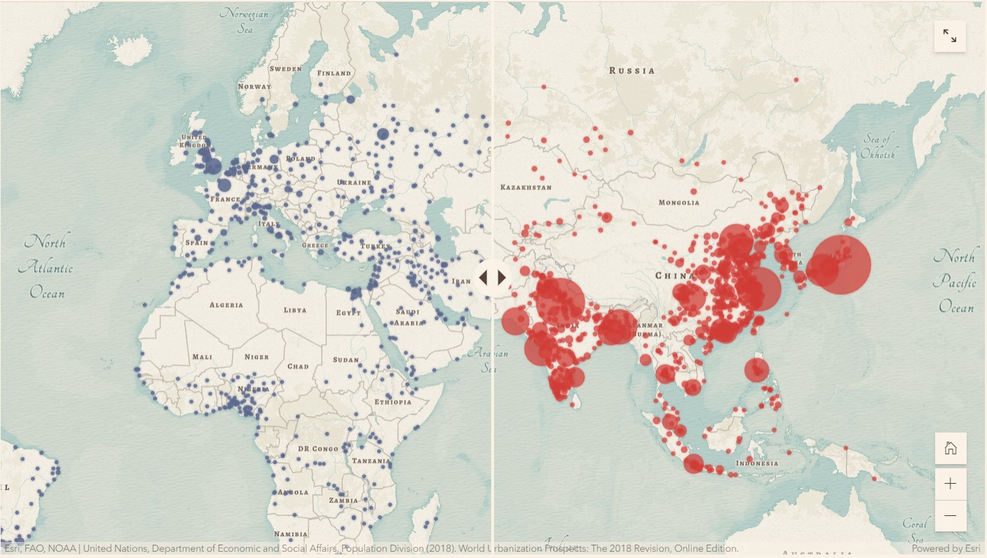 A sample of the ArcGIS StoryMaps swipe feature with a blue dot-density map on the left and a red dot-density map on the right