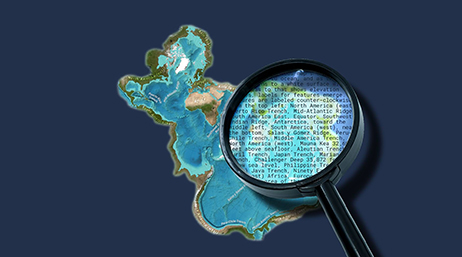 A magnifying glass with lines of text superimposed in the lens held over a portion of a map