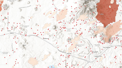 A map of Kaibab National Forest combined with a layer displaying wildfires in red