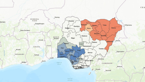 A regional map displaying areas most affected by malaria in red and blue gradients