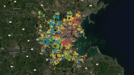 A regional map that breaks down historical segregation in Boston, Massachusetts by color 