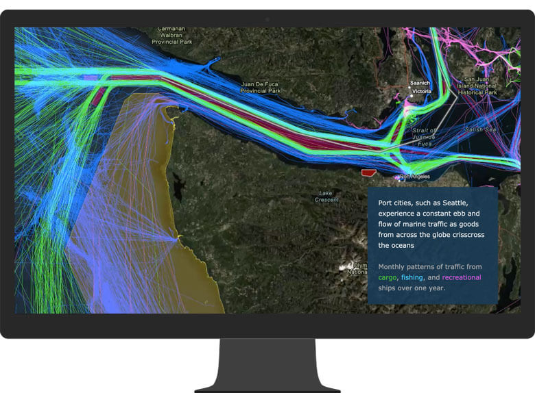 A computer monitor displaying a map with satellite imagery and traffic patterns that are visualized using blue, green, and pink lines