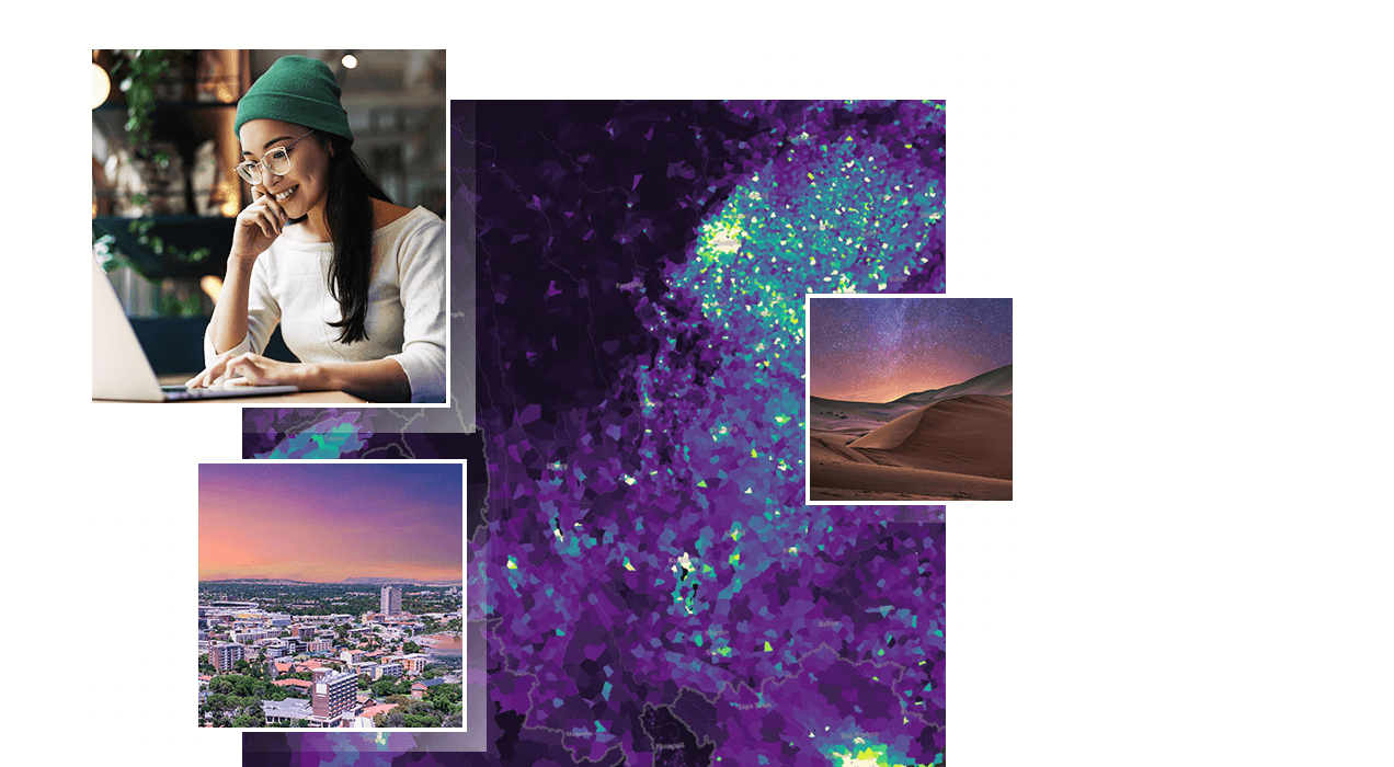 A woman in glasses and a toque smiles and writes on a laptop next to a vibrant map of data and images of a desert and a city