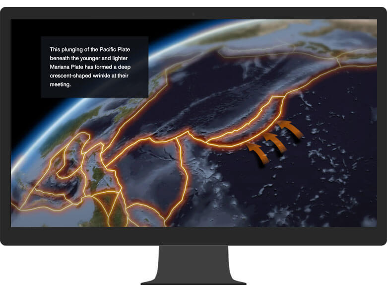 A computer monitor displaying an ArcGIS StoryMaps story about the Mariana Trench