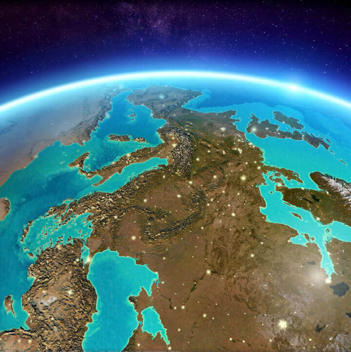 An image of Earth from space showing blue ocean and brown land masses