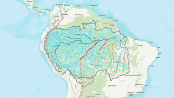 : A map of freshwater ecosystems in Latin America with land and water as described in a collection of ArcGIS StoryMaps stories
