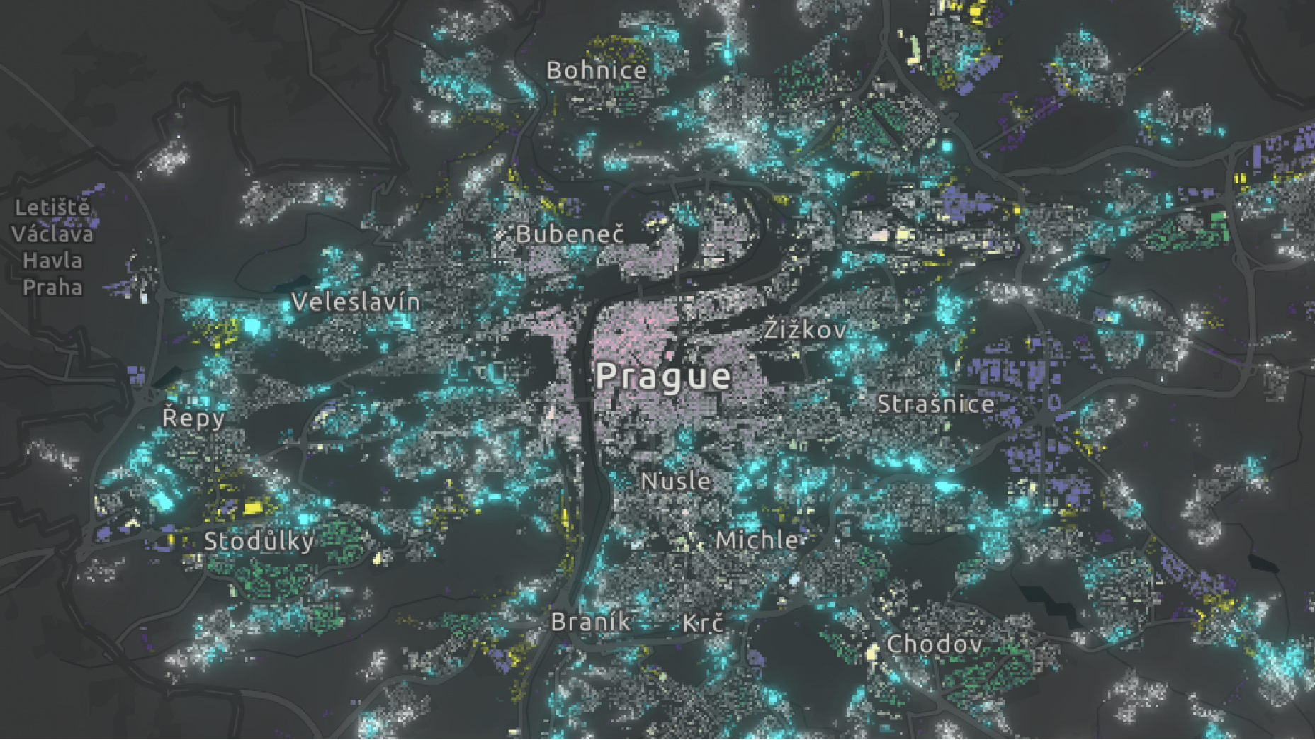 Karte von Prag im dunklen Design mit Punkten in Neonfarbe, die Orte der urbanen Vielfalt markieren