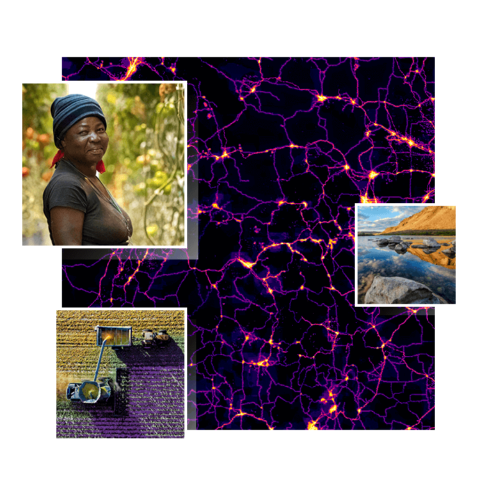 Un collage con un mapa que muestra áreas de energía concentrada y fotos de un lago poco profundo, cultivos y una persona sonriendo