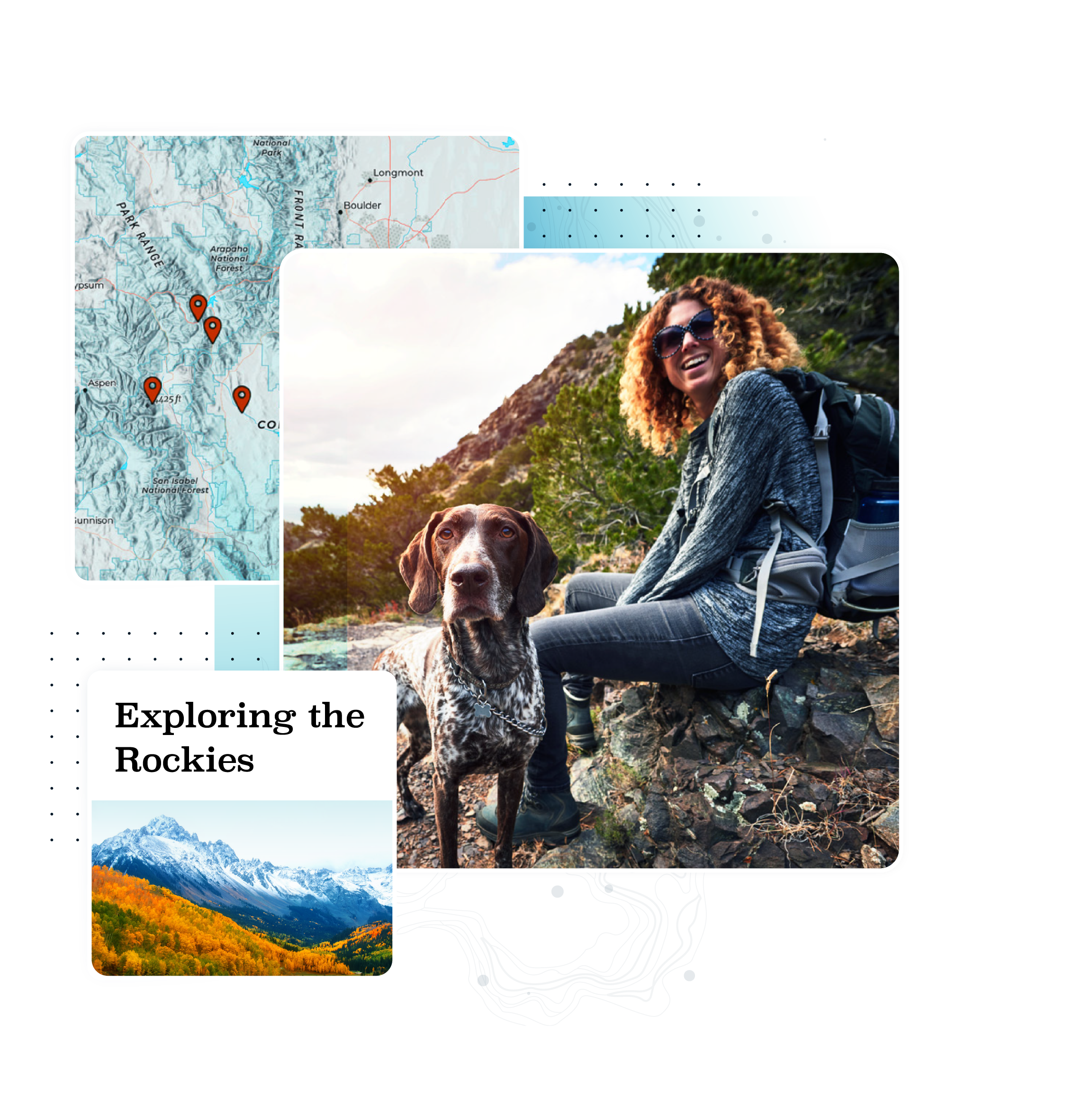 Carte du Colorado. Une femme portant un sac à dos sourit sur un rocher avec son chien. Montagnes avec le texte « Exploration des montagnes Rocheuses ».