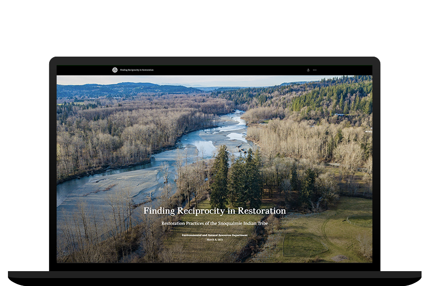 A laptop displaying an ArcGIS StoryMaps called “Finding Reciprocity in Restoration” and a drying up river through a dry tree forest