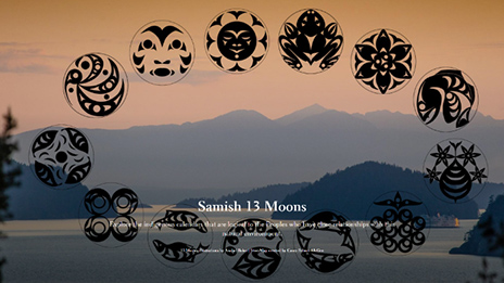 Showing the 13 tribal moons over a lake during sunset. 