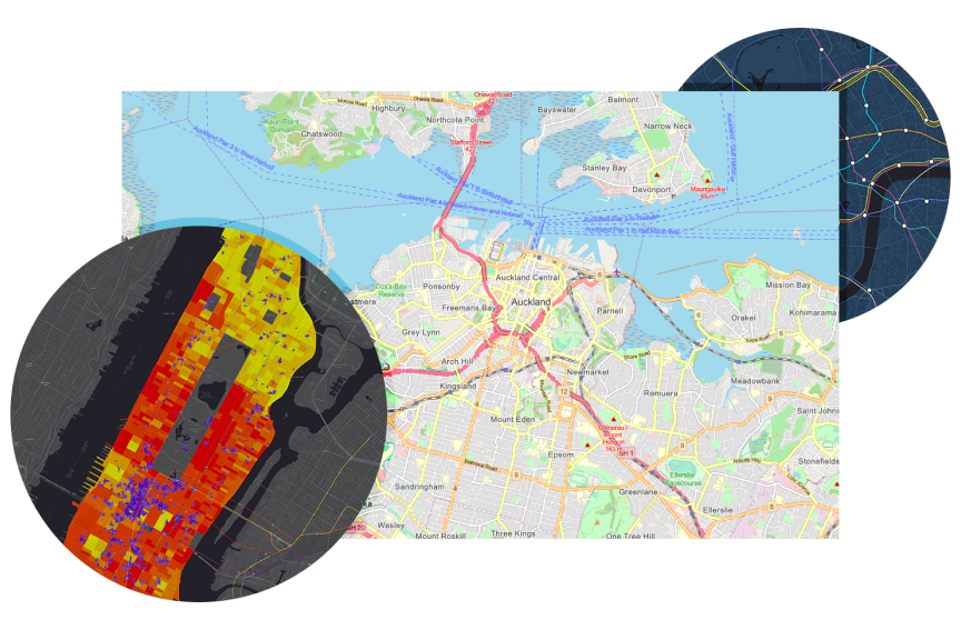 Eine Karte für den öffentlichen Verkehr, überlagert mit einer Karte von Auckland, Neuseeland, und Umgebung sowie einer Karte von Manhattan in Rot-, Orange-, Gelb- und Violettschattierungen