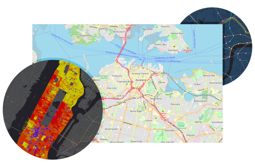 A transit map overlaid with a map of Auckland, New Zealand and the surrounding area and a map of Manhattan with sections shaded in reds, oranges, yellows, and purple