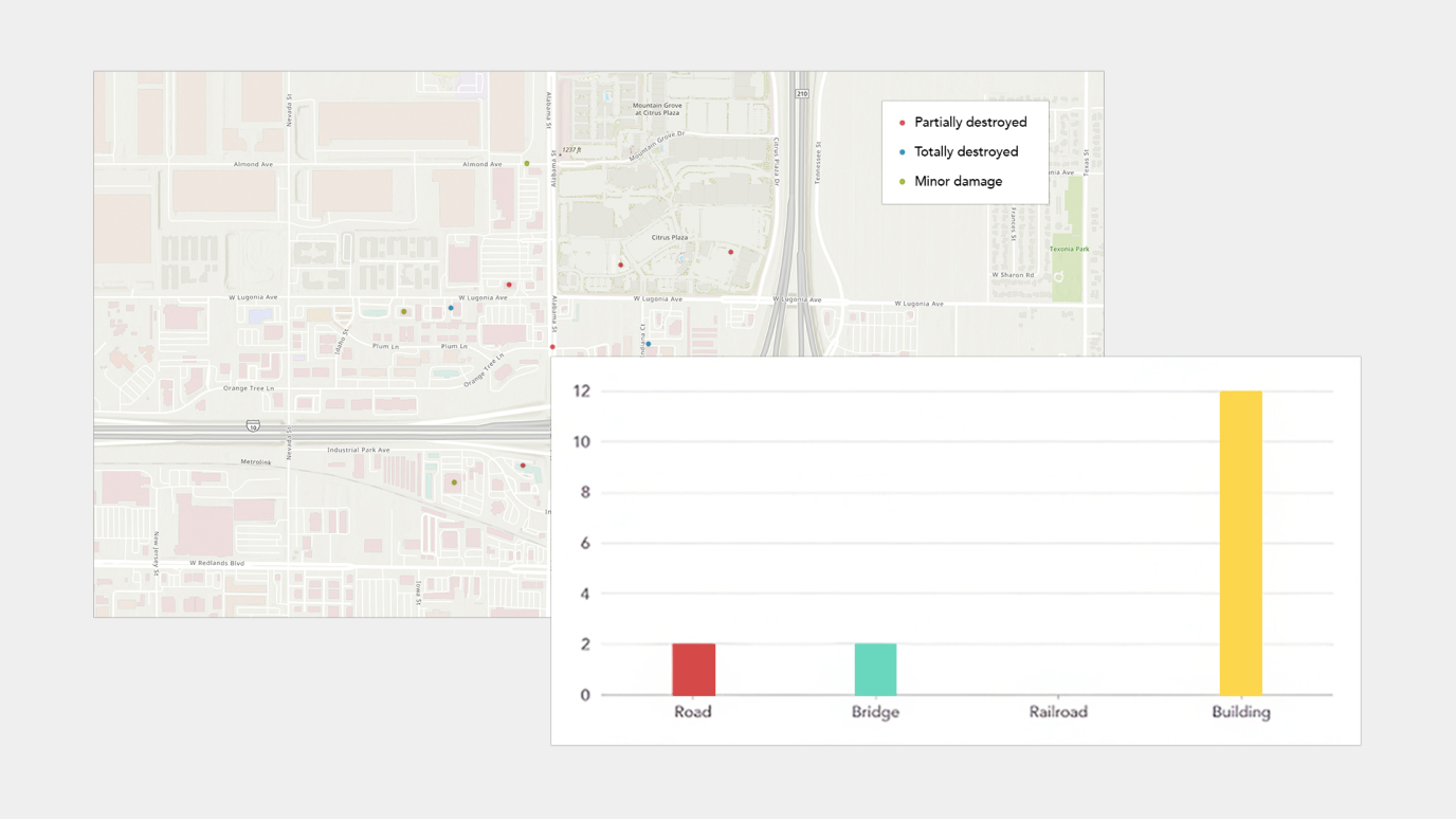 A street map overlaid with a bar graph