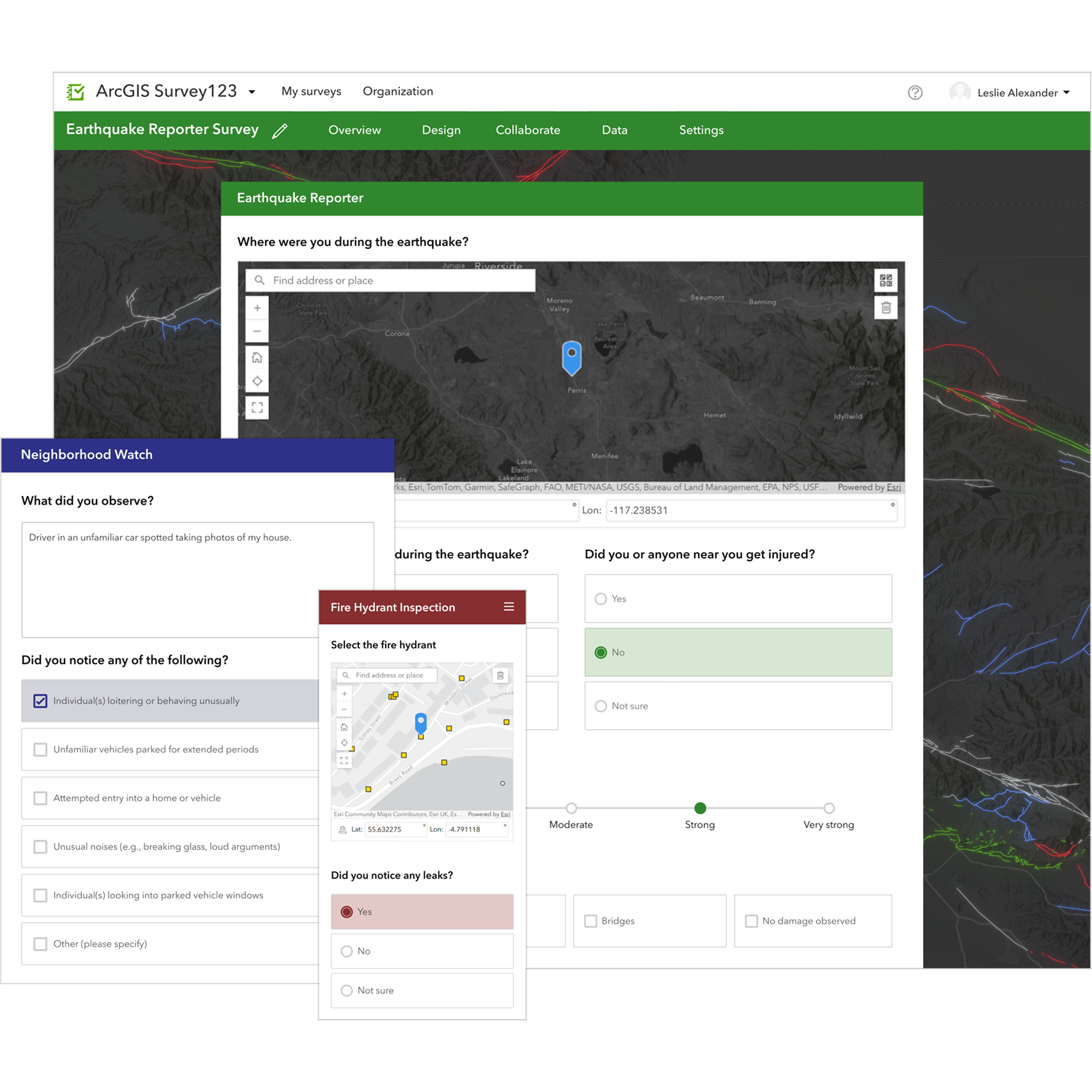 Screencap of a Survey123 Earthquake Reporter Survey with several survey windows open