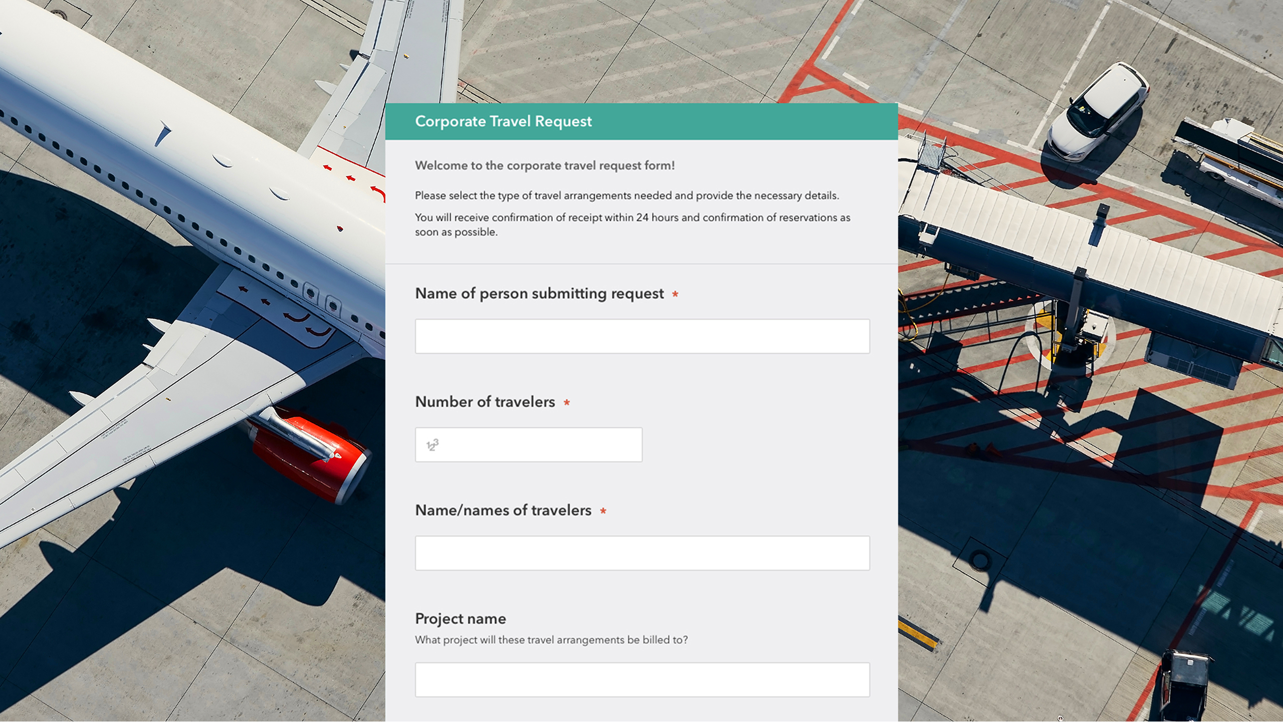An airplane sitting near a passenger boarding bridge, overlaid with a travel request survey