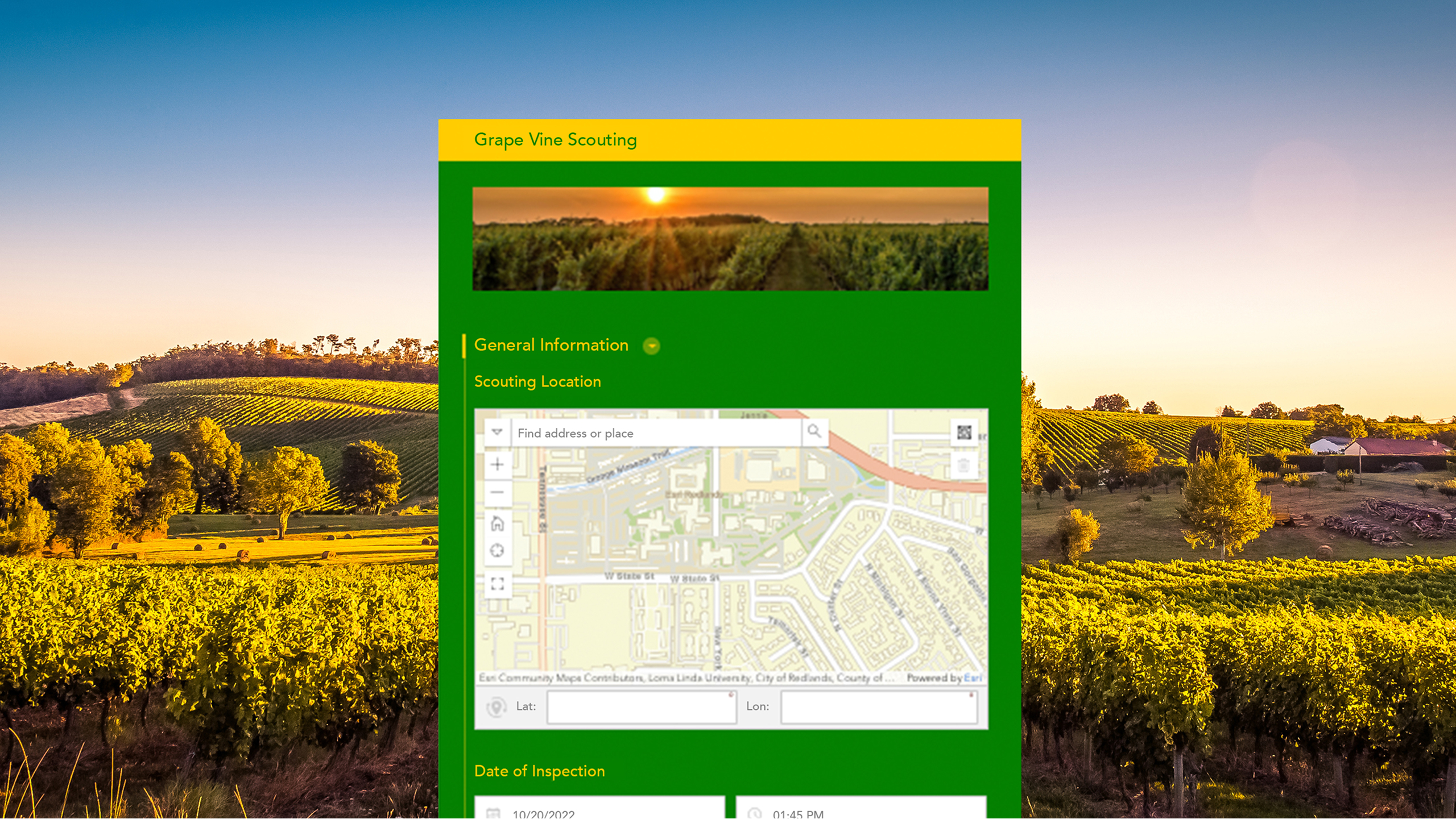 A wide vista of crops on rolling hills lit golden by the sunset, overlaid with a Grape Vine Scouting survey
