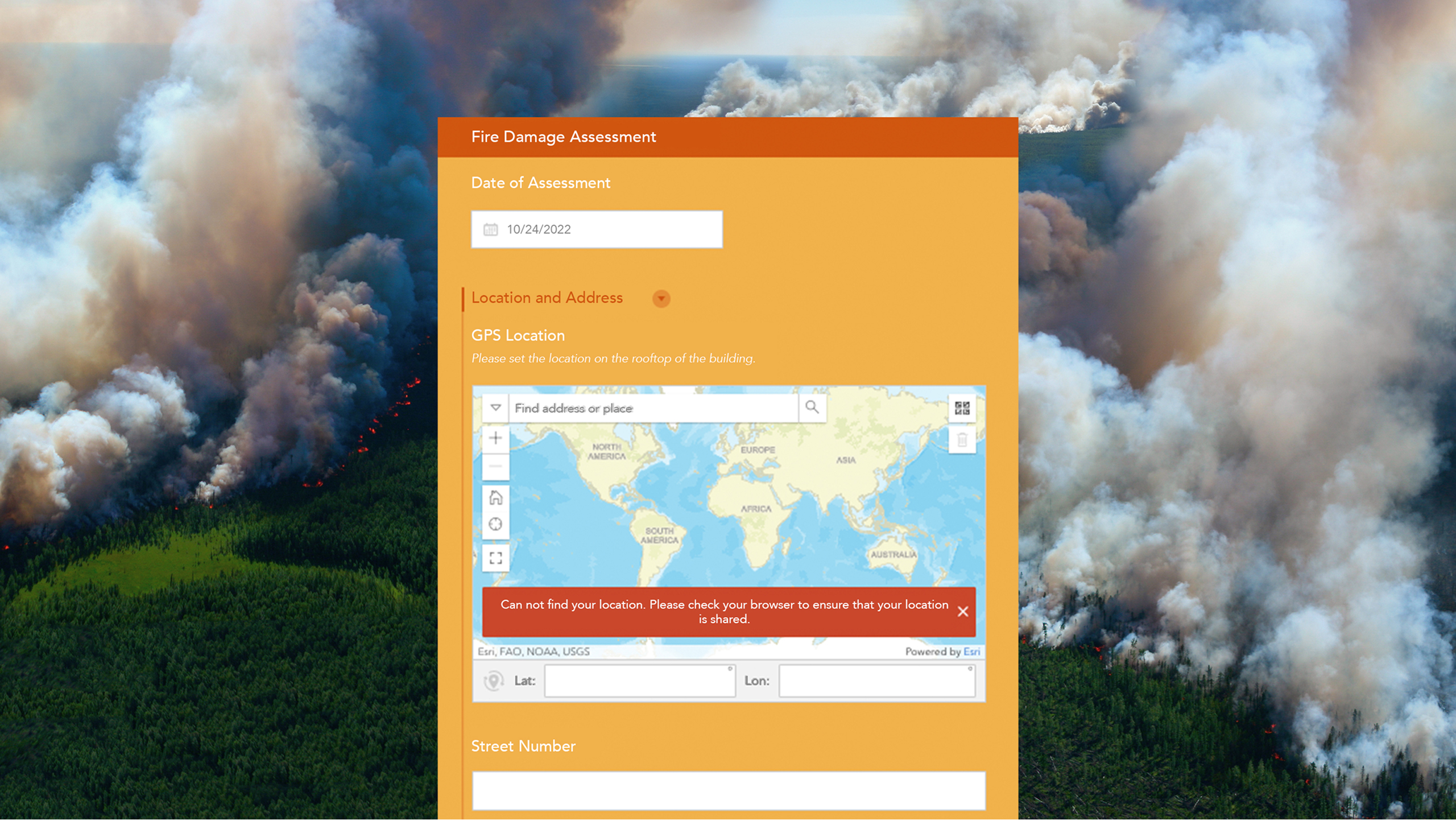 Smoke billowing up from a wildfire raging across a green tree-covered hilllside, overlaid with a Fire Damage Assessment survey
