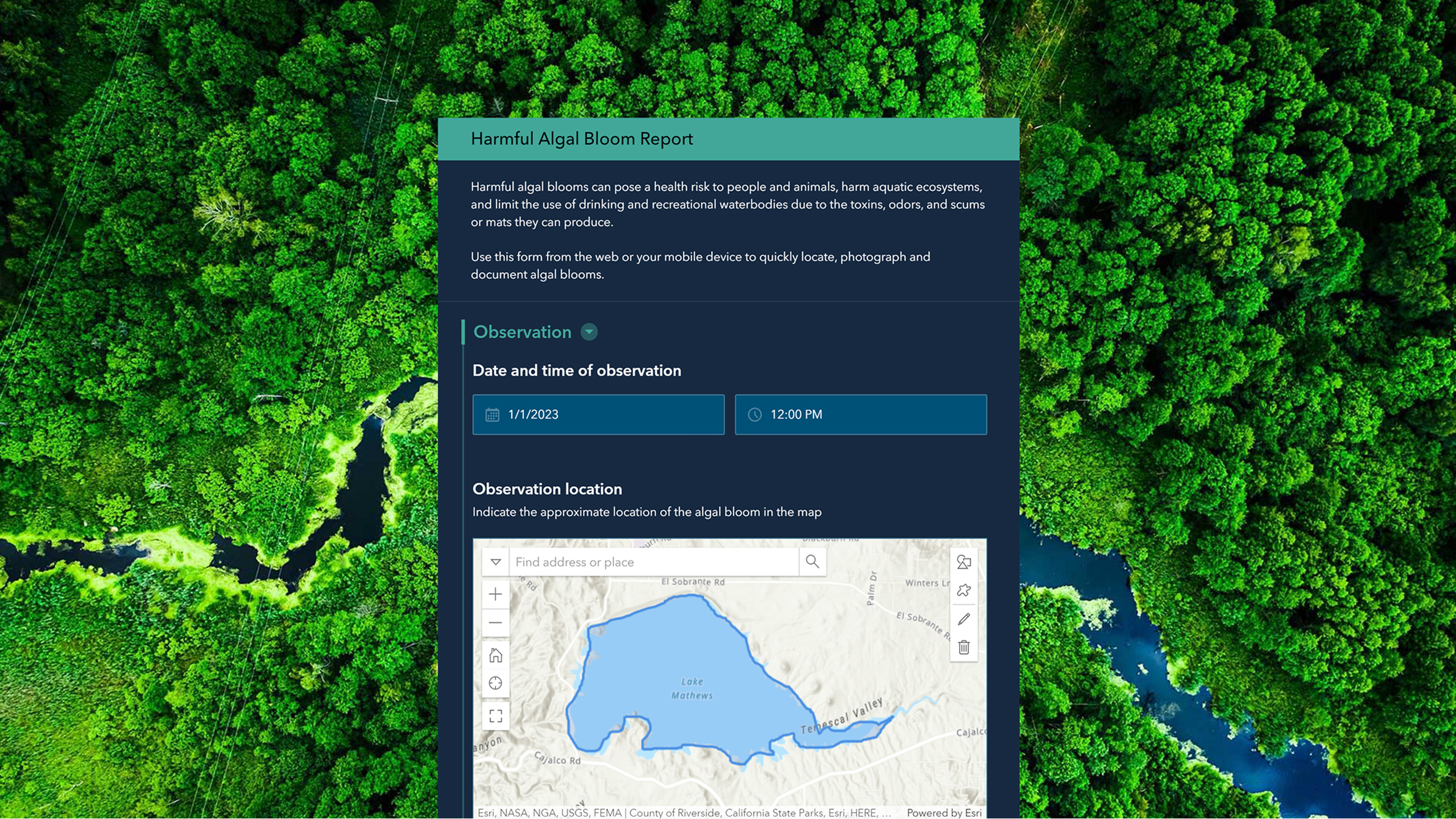 Aerial view of a blue river winding through a dense green forest, overlaid with an algae bloom report