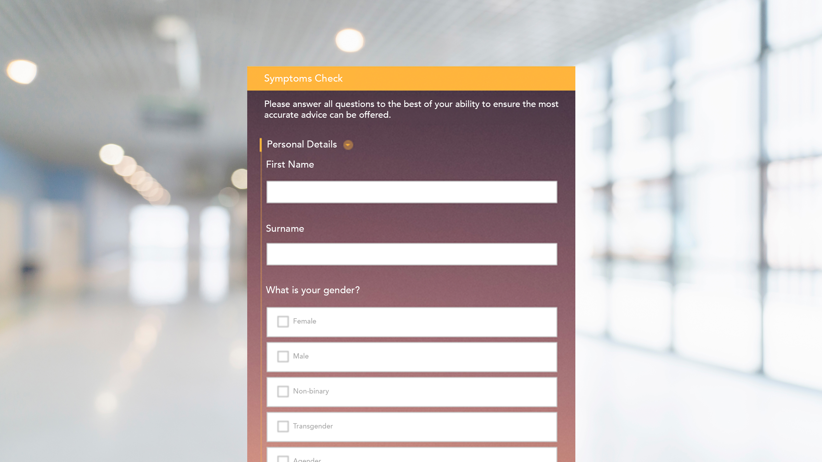 A soft-focus modern lobby overlaid with a Symptoms Check survey