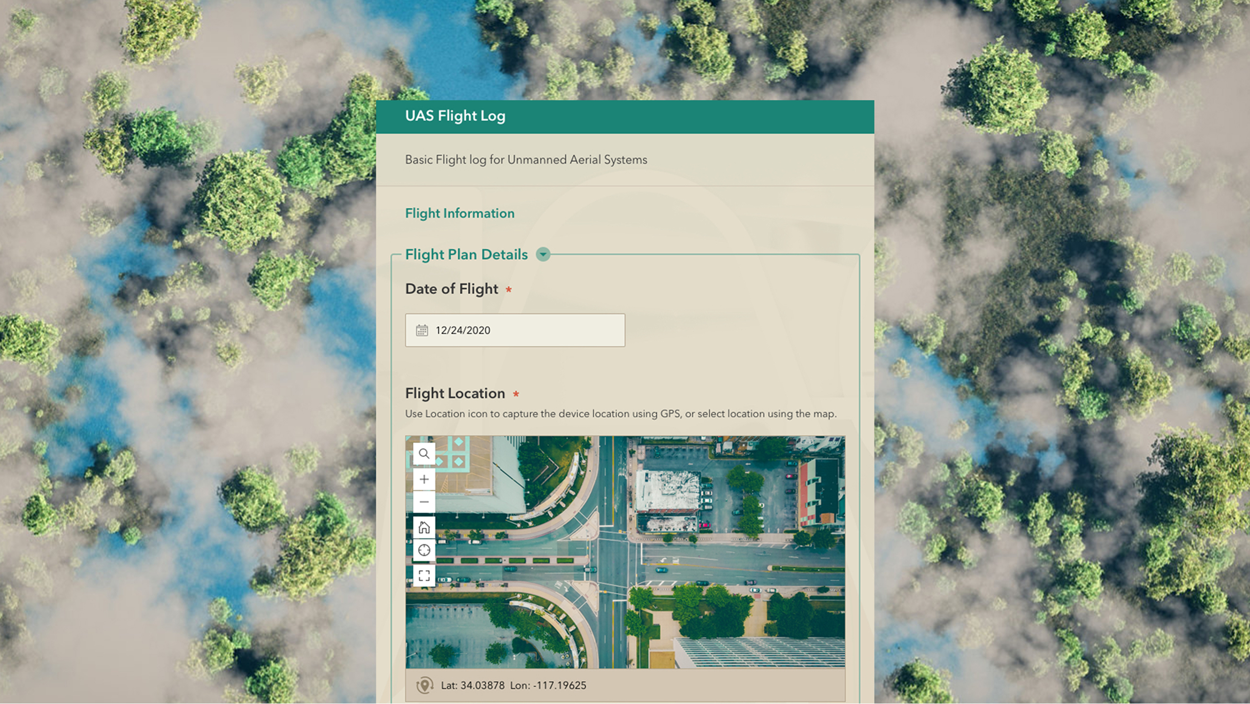 Aerial image of treetops reaching through thick cloud cover, overlaid with a UAS Flight Log survey