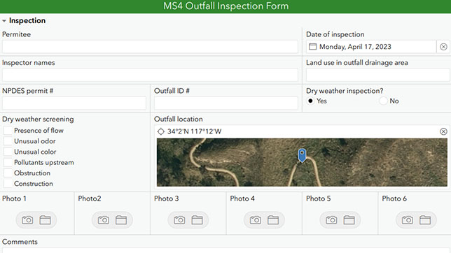 An ArcGIS Survey123 interface displaying a form with many fields overlaid with a play button