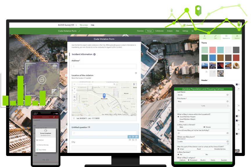 A computer monitor, tablet, and mobile device all displaying different ArcGIS Survey123 interfaces Background: Black to align with the new Esri style direction