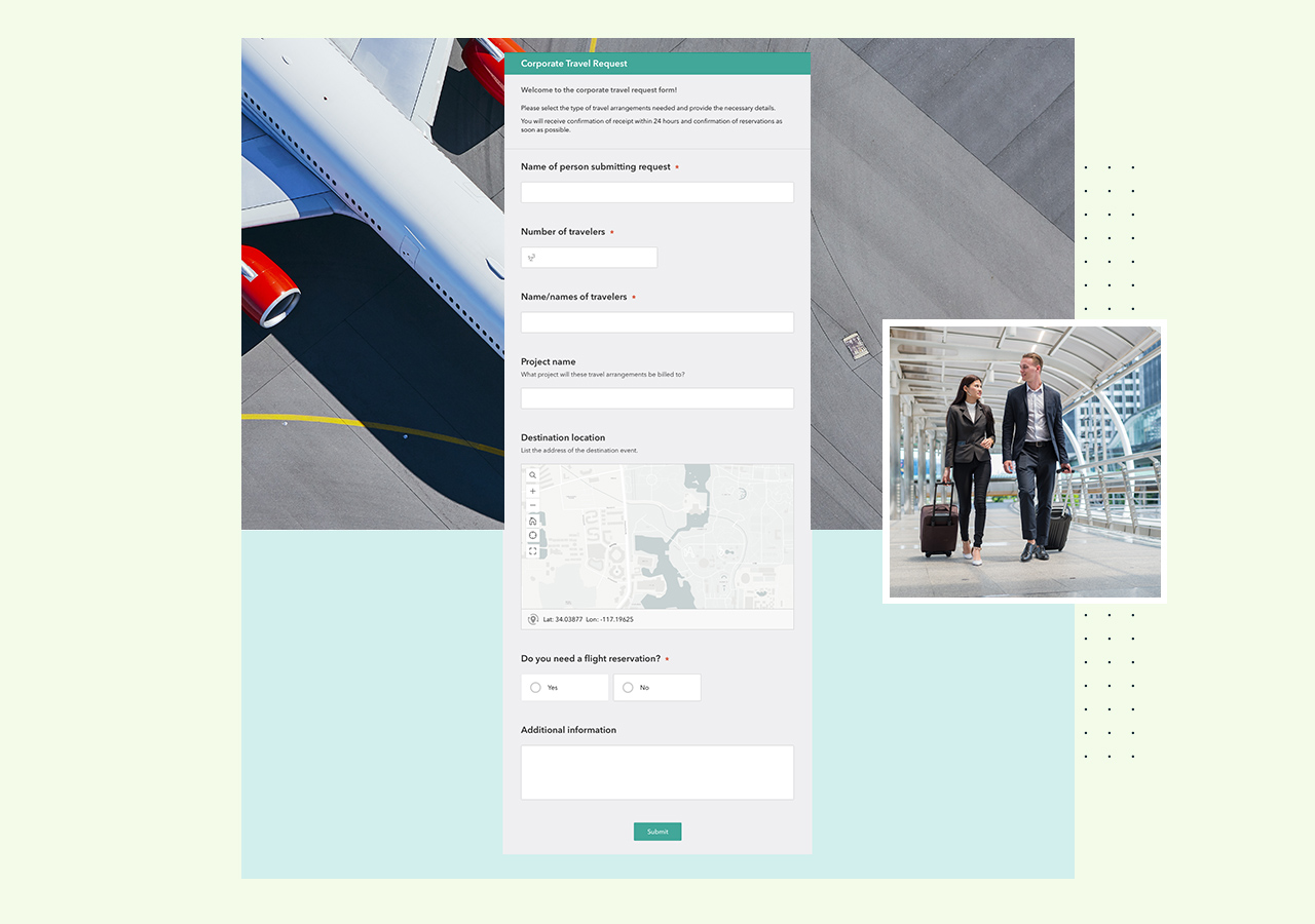 A blank form for corporate travel requests with a gray map next to images of a commercial airplane and travelers with luggage