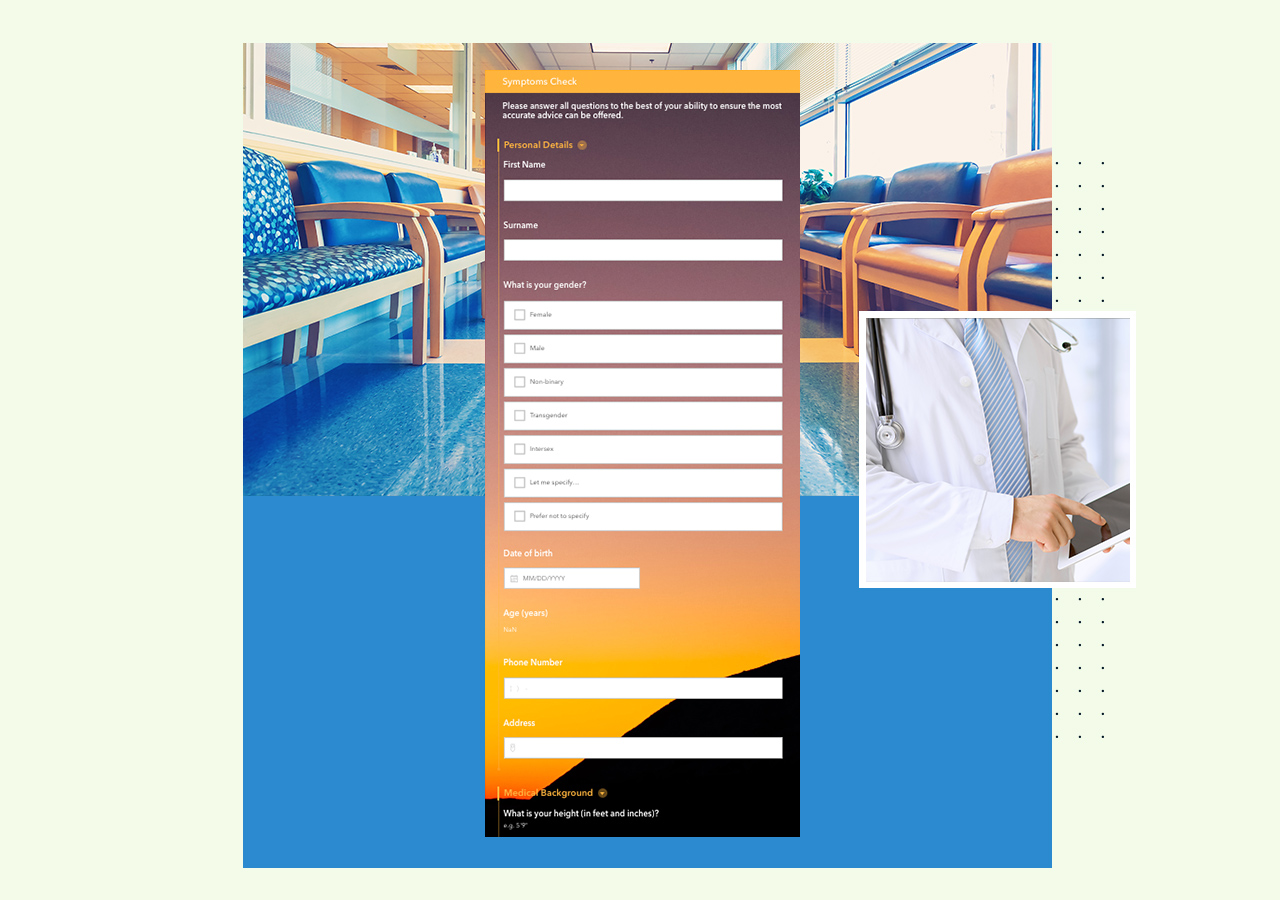 A blank digital form for symptoms check next to an image of a doctor holding a tablet and a waiting room with blue chairs