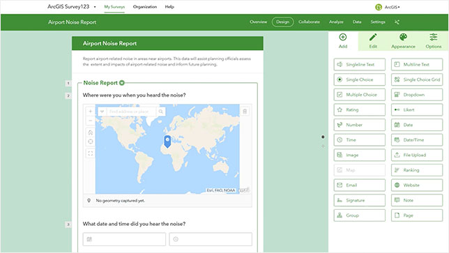 An ArcGIS Survey123 desktop interface displaying a form with a map and a menu pane to the right