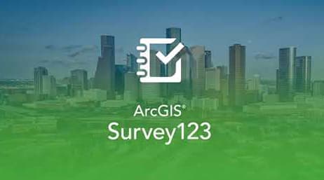 A view of a city and skyscrapers overlayed with a green gradient and a notebook with a checkmark icon, with the words “ArcGIS Survey 123” underneath it