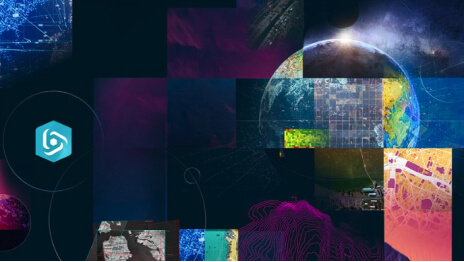 An abstract collage of images including the blue ArcGIS Web AppBuilder logo and several multicolored snippets of maps