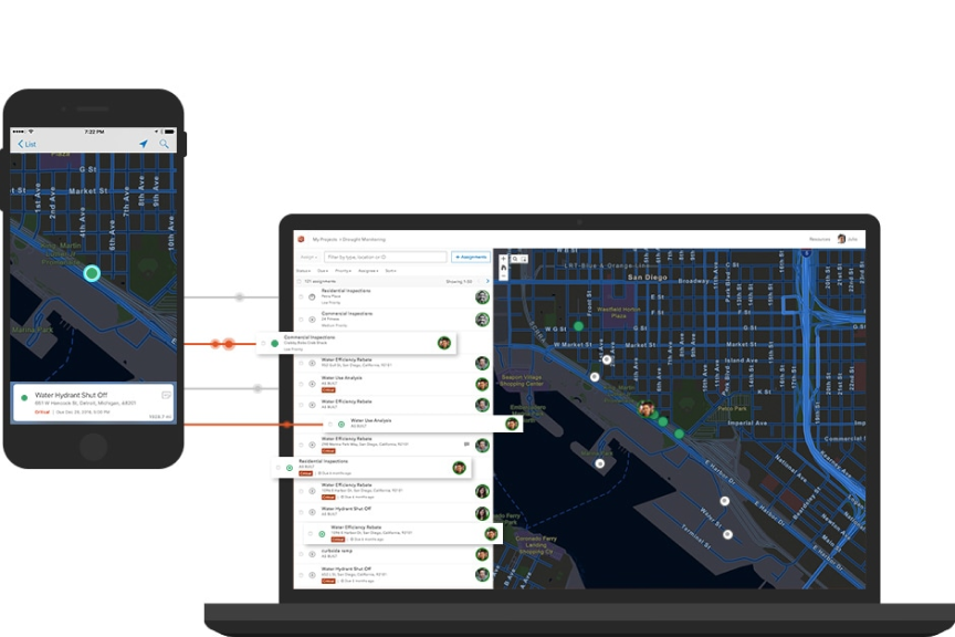 Grafische Darstellung eines Laptopbildschirms und eines Mobiltelefons, auf denen dieselbe Straßenkarte zu sehen ist, vor einem schlichten weißen Hintergrund