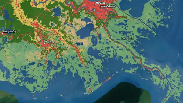 A map that shows how much areas of the southern United States will be affected by sea level rise