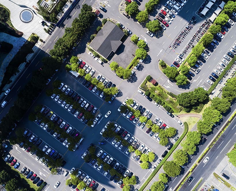 Overhead view of a large parking lot