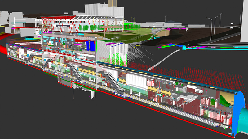 A colorful rendering shows above ground and below ground rail infrastructure in Brisbane