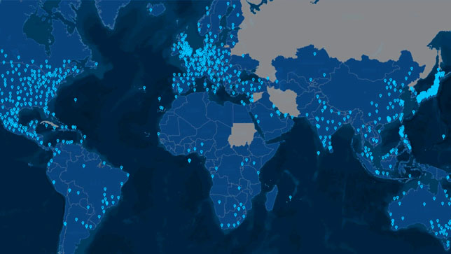Eine Karte mit leuchtenden Punkten in Afrika, Südostasien und Europa, die wichtige Stellen in der Lieferkette angeben