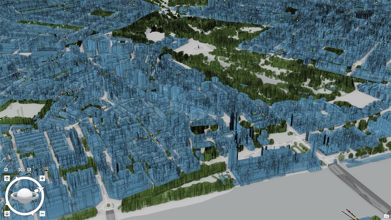 Reprezentacja 3D obszaru Wielkiej Brytanii pokazująca budynki w kolorze zielonym i niebieskim na podstawie danych dotyczących zarządzania siecią