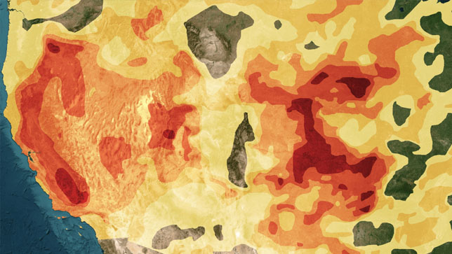 Mapa de los Estados Unidos que muestra condiciones de sequía y proporciona inteligencia de ubicación sobre dónde se verá afectada la gente por la sequía