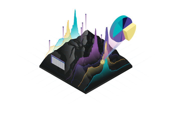 Graphic of a small pie chart and several colorful vertical line charts overlaid on a gray 3D mountain shape as a GIS layer stack depicting spatial data integration and analysis