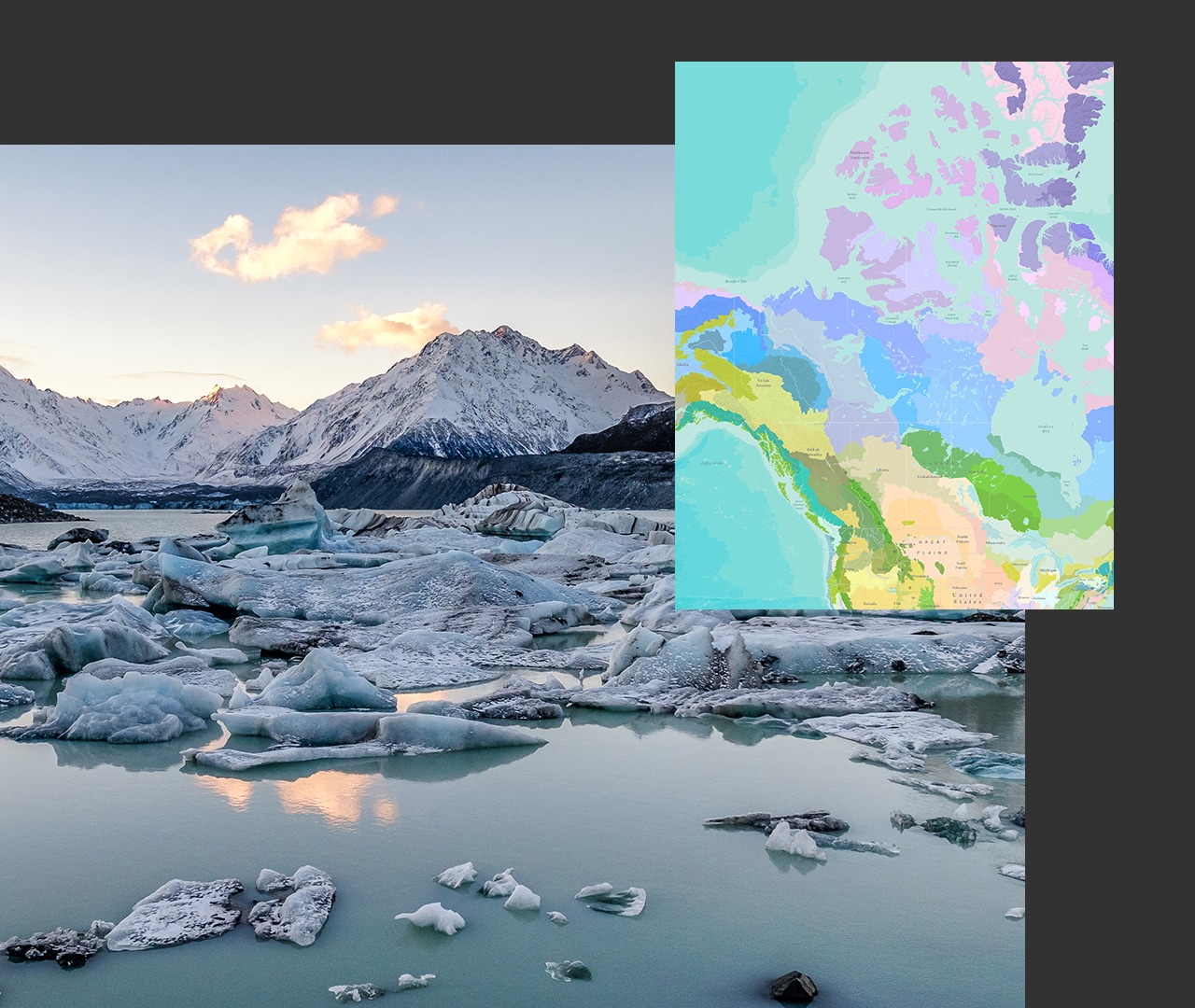 A large picture of snowcapped mountains and glaciers in the water with an inset multicolored map of land and water
