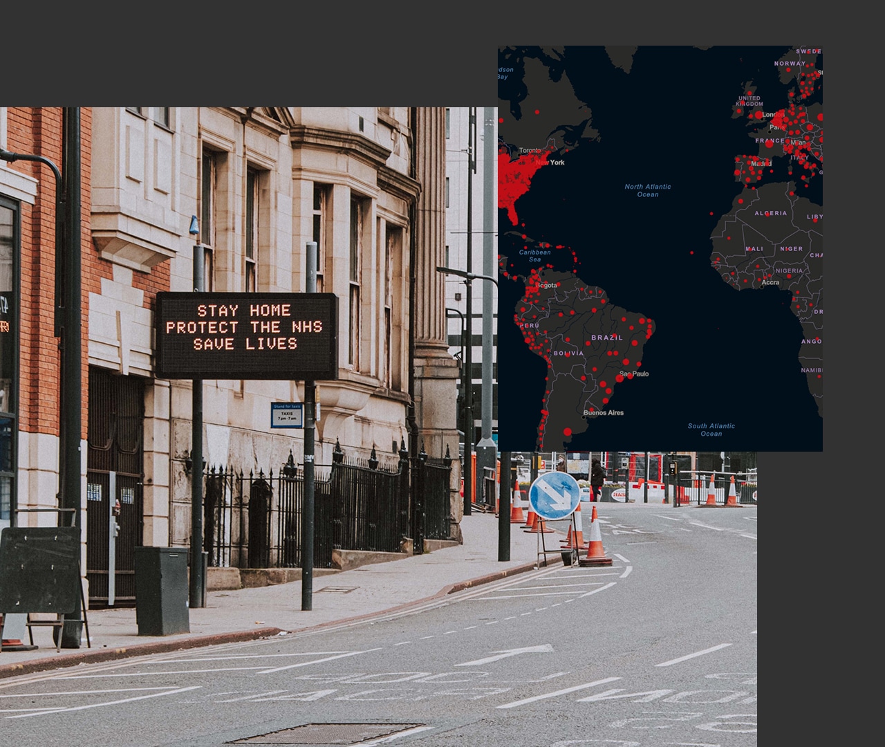 Ein Schild mit dem Text "Zu Hause bleiben heißt Leben retten" an einer innerstädtischen Straße, daneben eine digitale Karte, auf der die Vereinigten Staaten, Südamerika und Afrika zu sehen sind