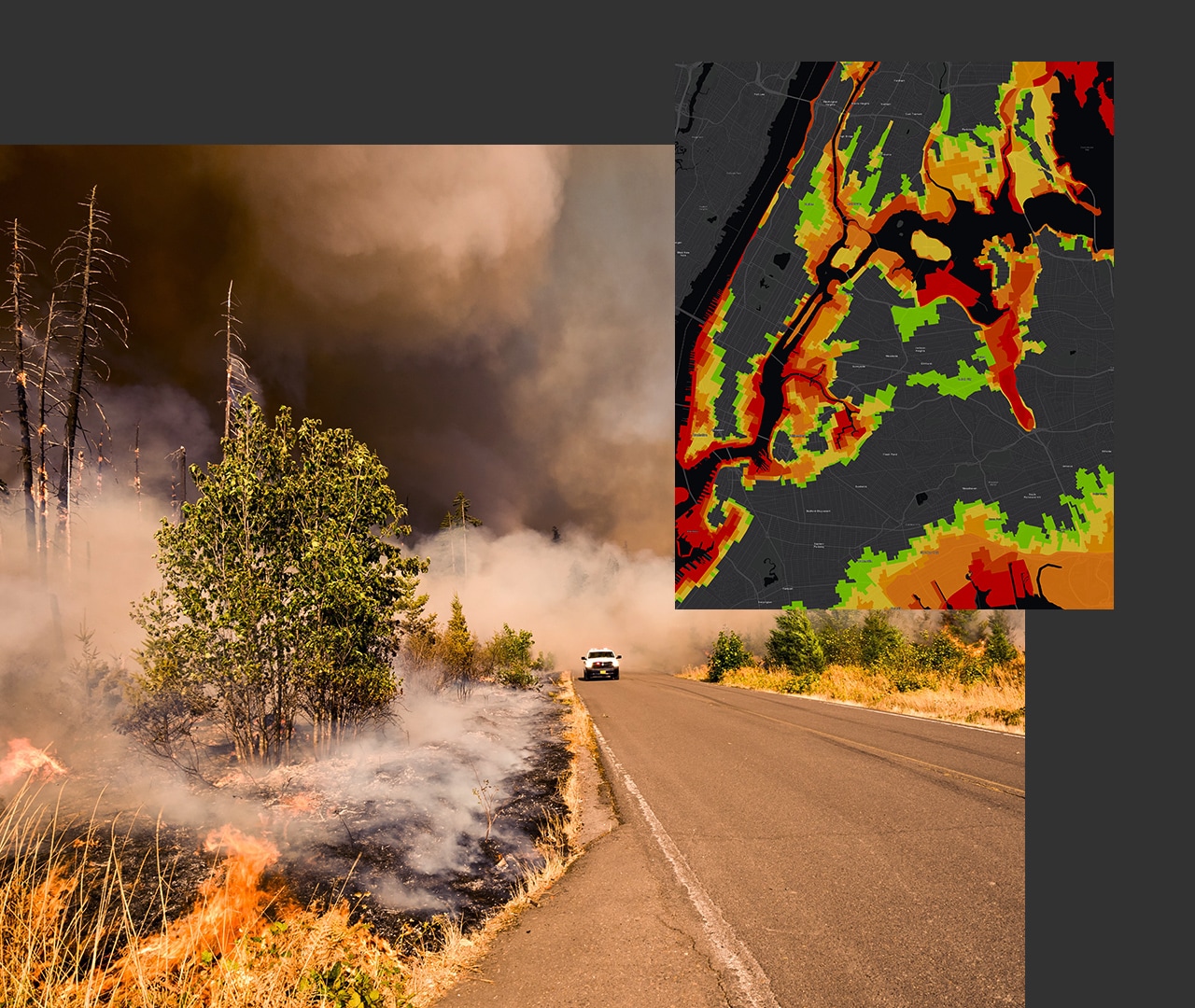 A wildfire in a forest with a white emergency vehicle on the through road next to an inset image of a gray digital map