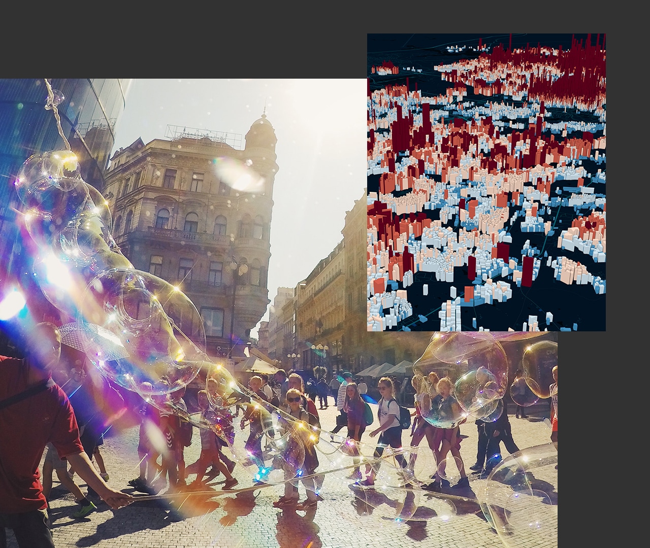 Buildings in an urban area with a crowd of people walking on the street next to an inset image of a digital 3D cityscape