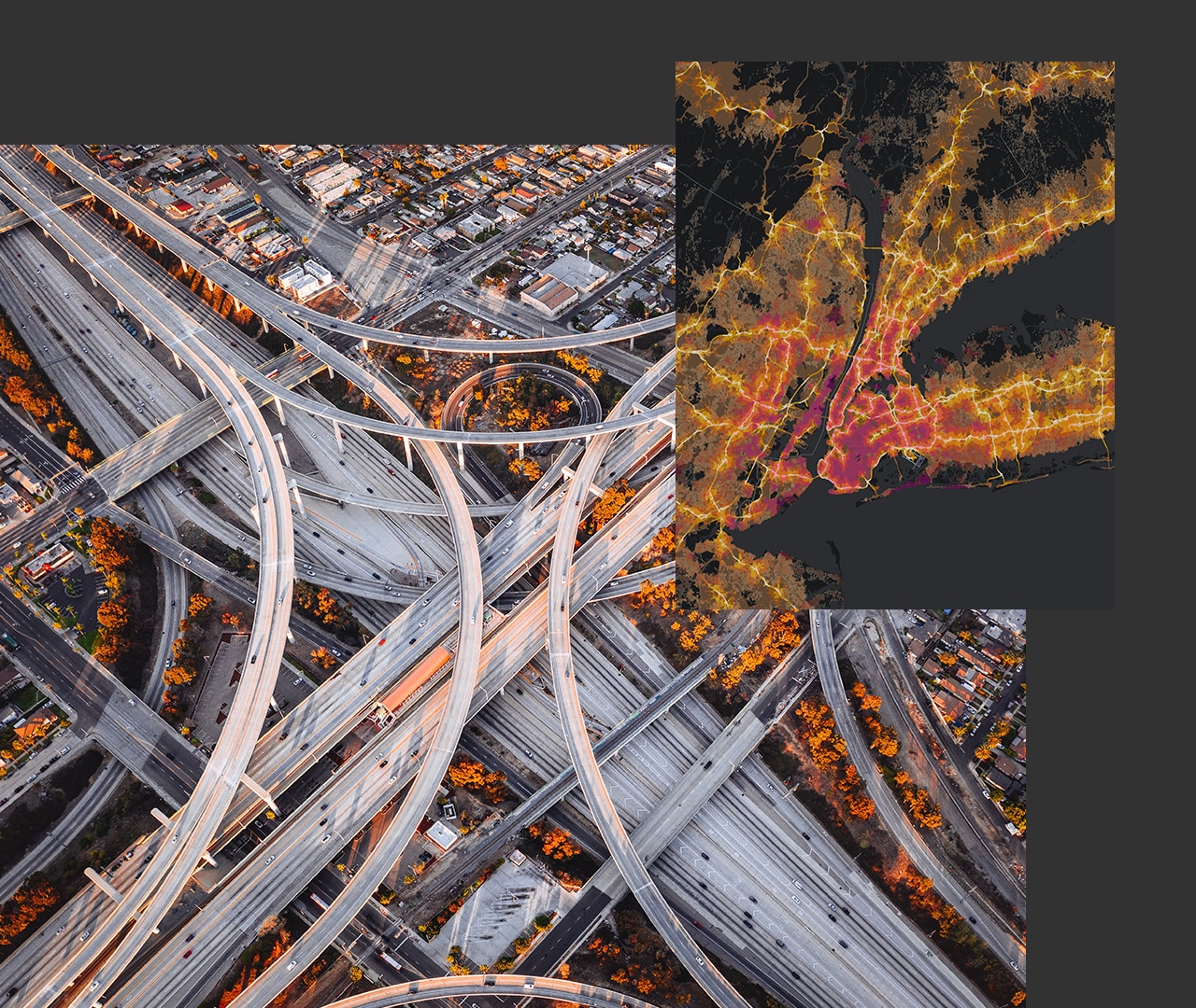 Luftbild von miteinander verbundenen Schnellstraßen und städtischen Gebäuden, daneben eine digitale Landkarte mit gelben Routen