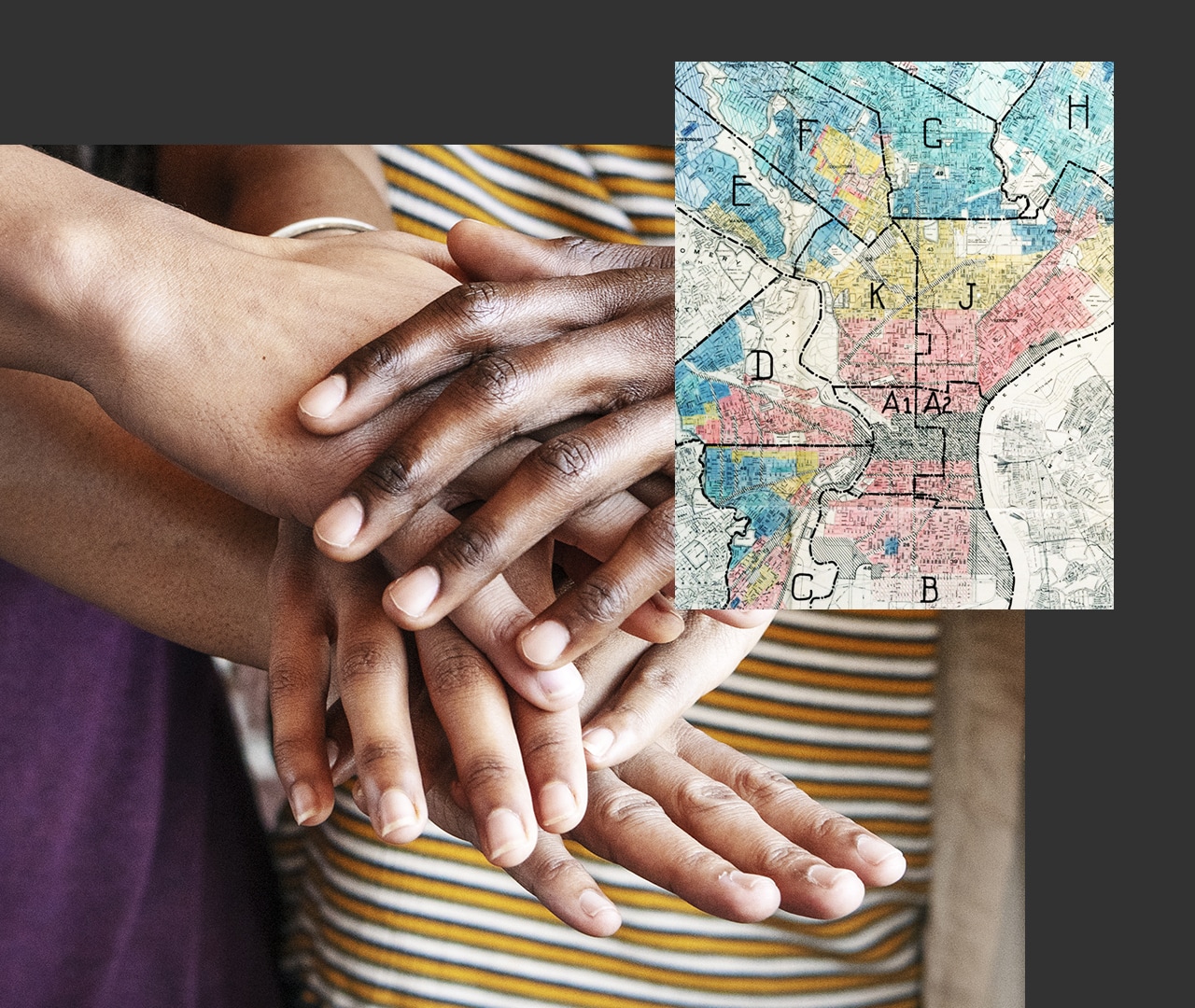 Closeup image of four hands clasped together next to an inset image of a street map with letters A-G dividing the map